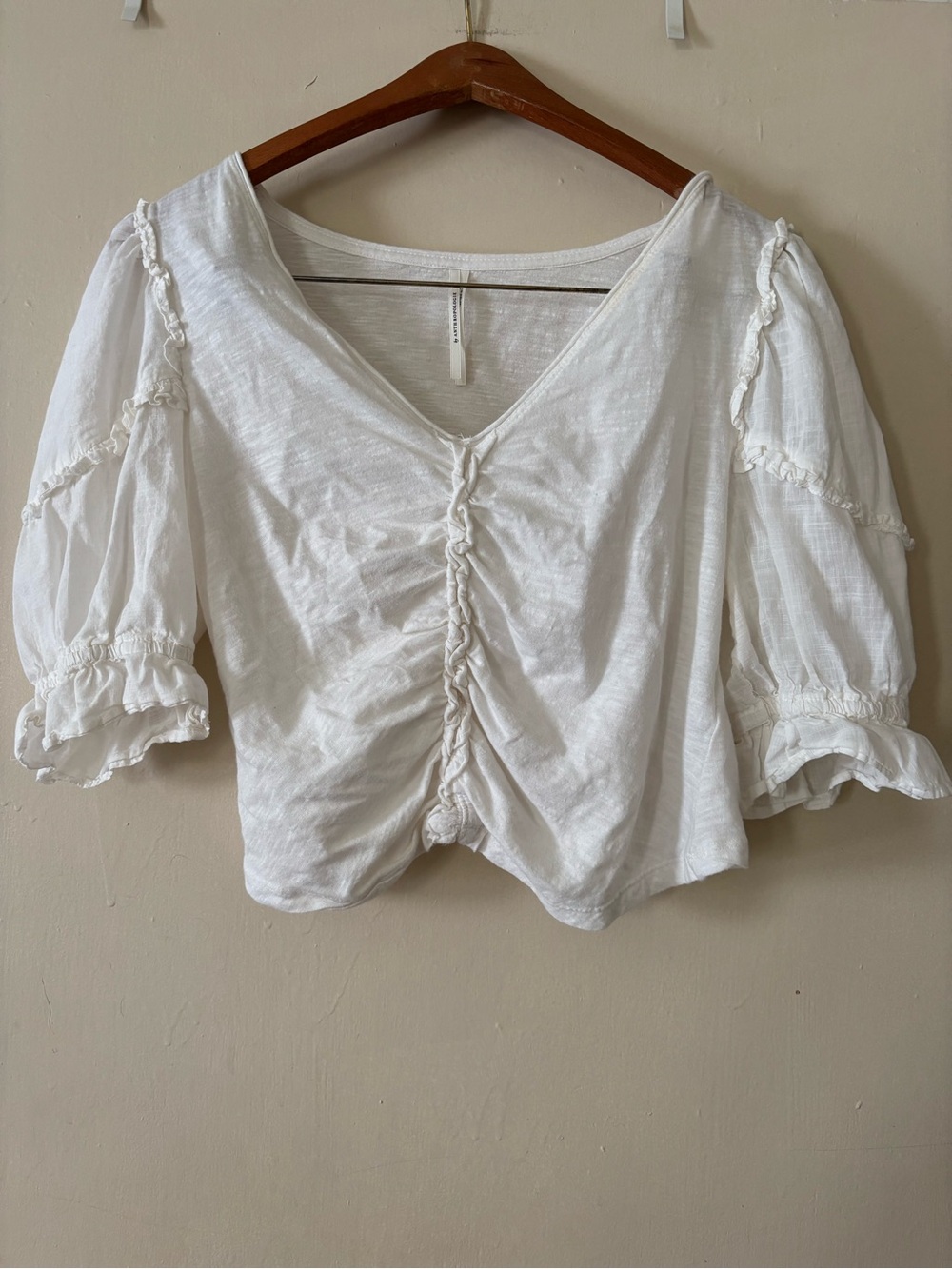 Anthropologie White Ruched V-Neck Puff Sleeve Top S